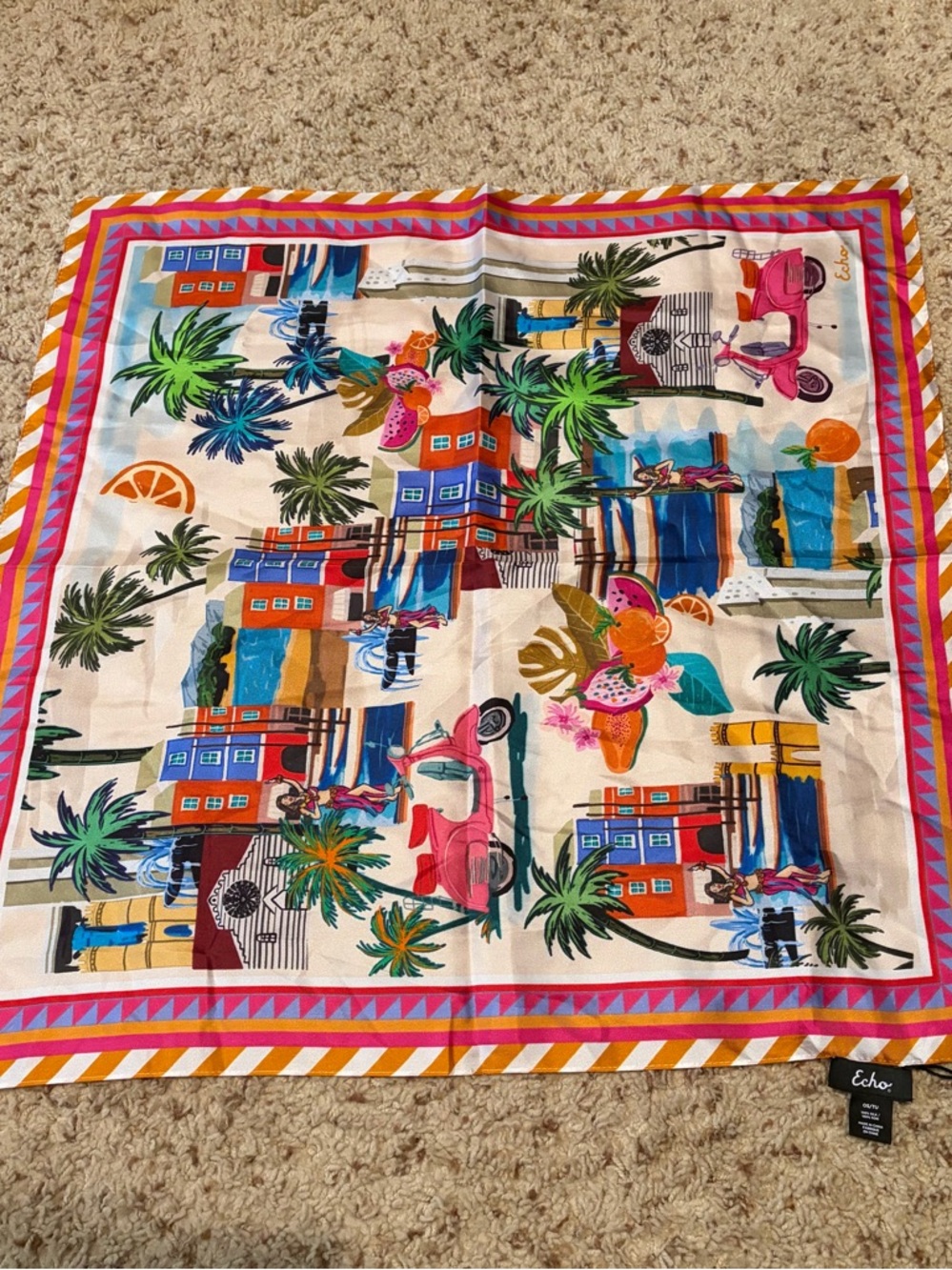 Echo New York NWT Silk Neck Scarf Bright Tropical City Print 54cm / 21in Square